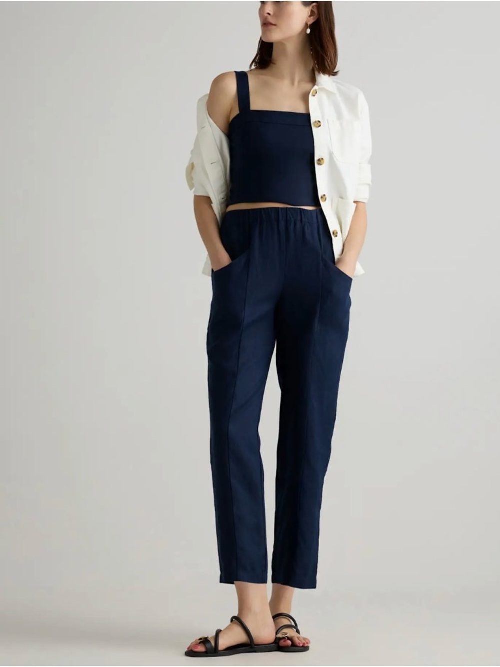 NWT QUINCE 100% European Linen Tapered Ankle Pants Elastic-Waist Deep Navy Sz S